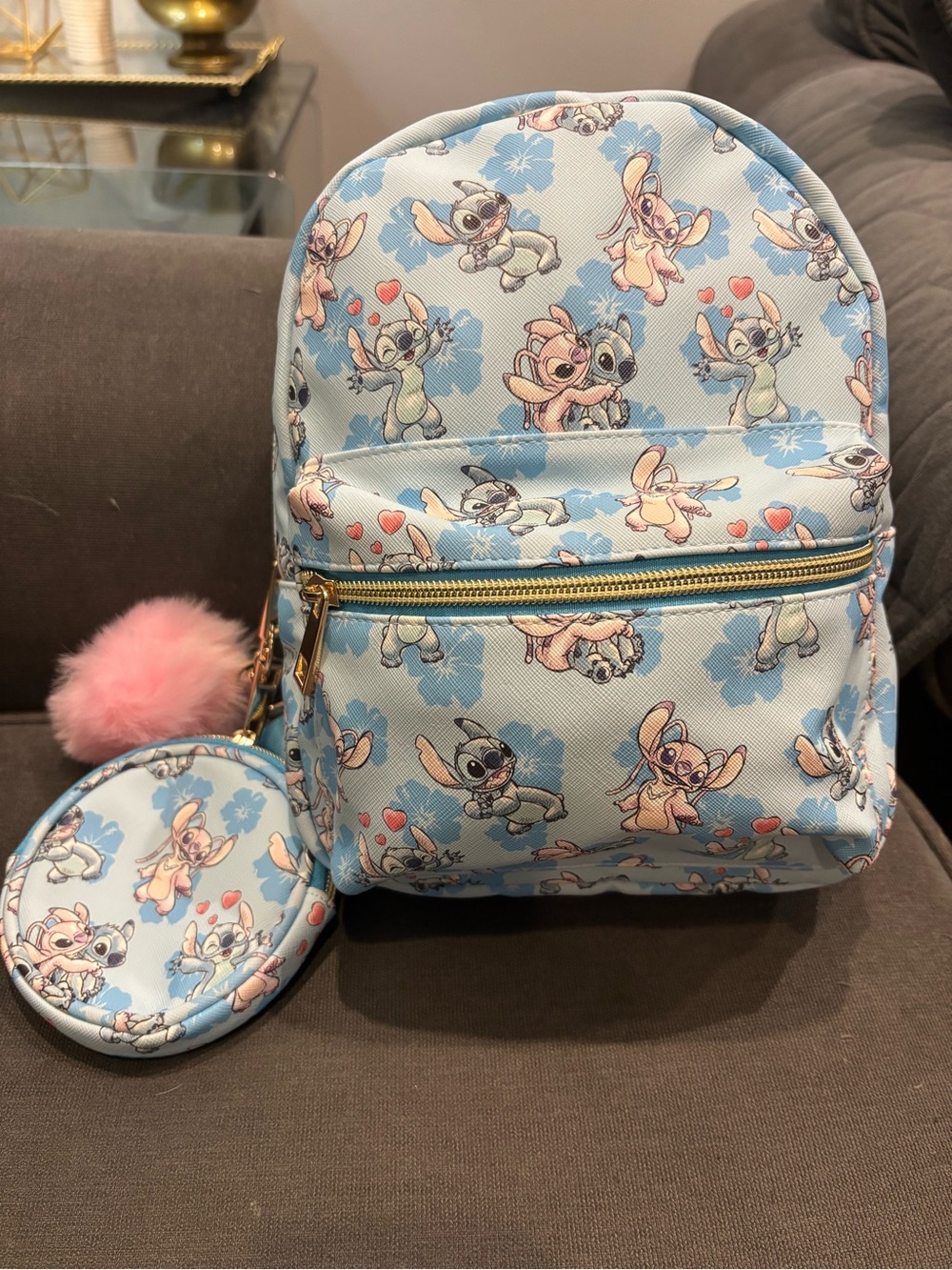Kids Light Blue Cartoon Print Mini Backpack with Pom-Pom Coin Pouch